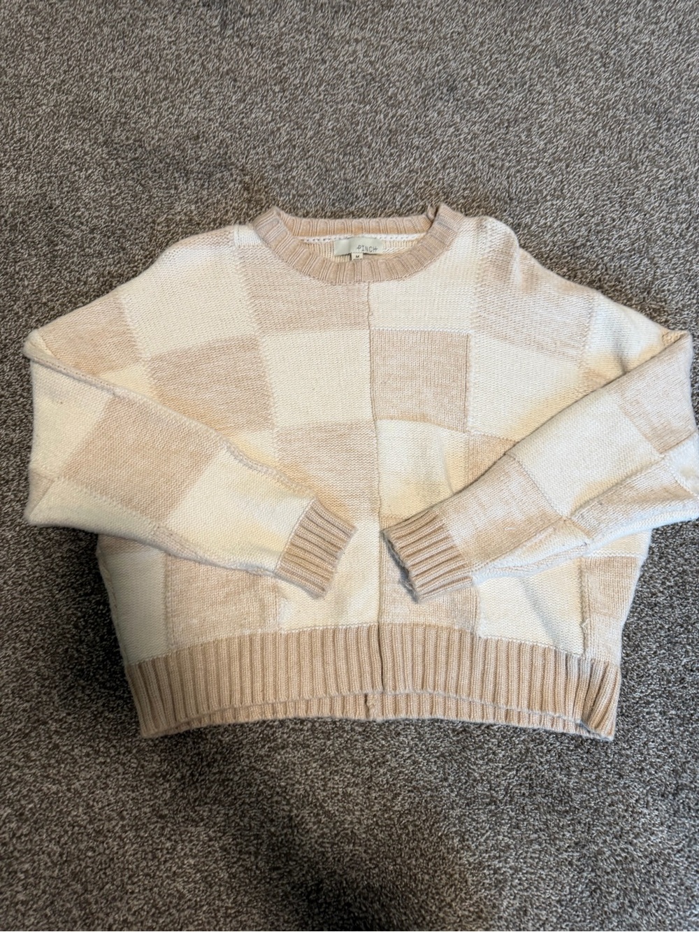 Cozy Checkered Crewneck Sweater - Cream & Tan